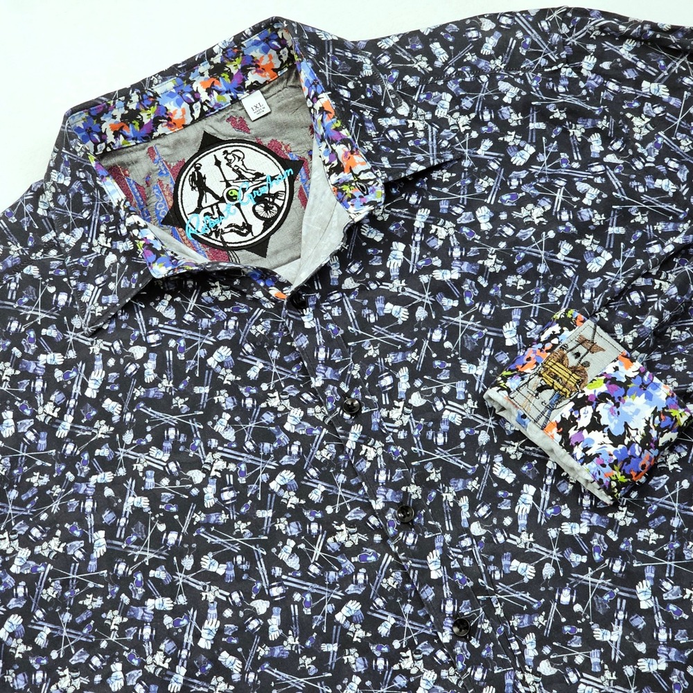 Robert Graham Button Down Mens 1XL Black Blue Ski Print Long Sleeve Après-ski